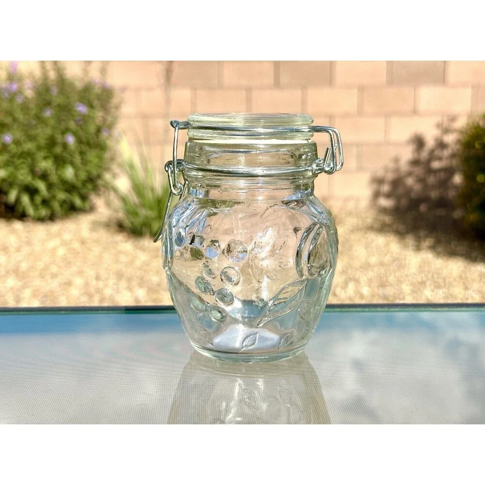 Embossed Vintage Glass Jar With Locking Lid Mason Style Jar, Canning Fruit Motif